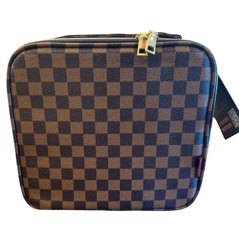 WODKEIS Makeup Train Case Brown Checkered Travel Cosmetic Organizer Bag NWT